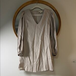 Pinch V-Neck Puff Sleeve Midi Dress in Light Beige